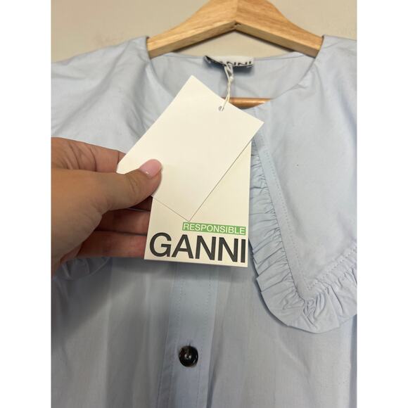 NWT Ganni Poplin Shirt Cotton Oversized Collar Puffed Sleeve Top Heather Size: M - Picture 4 of 8